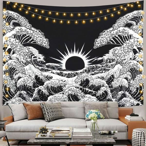 Mandala-gobeliini, suuri aalto auringonlaskulla, valtameri, mustavalkoinen gobeliini, seinävaate olohuoneeseen, makuuhuoneeseen (aalto, M / 130x150cm)