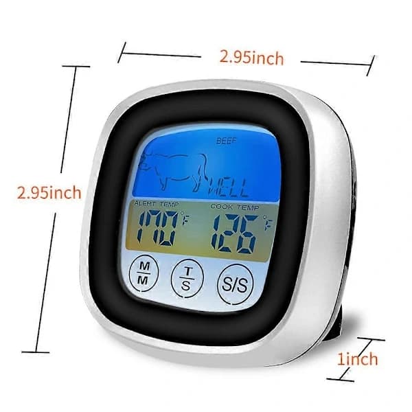 Digitalt kjøtttermometer med berøringsskjerm, rustfri stålsensor, timer og bakgrunnsbelyst LCD for grilling, baking, ovn, svartgrå