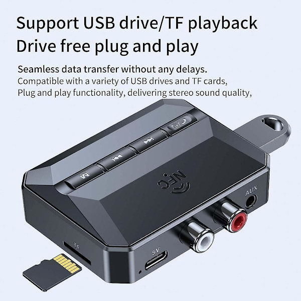 NFC Bluetooth-modtager, Bluetooth 5.3 Aux-adapter til bil, trådløs audiomodtager til hjemmestereo/ 12