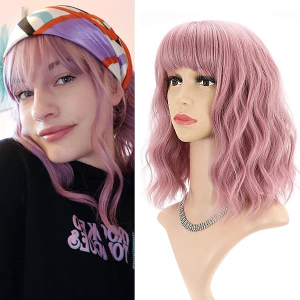 Pink wavy wig with bangs shoulder-length synthetic women's wig
