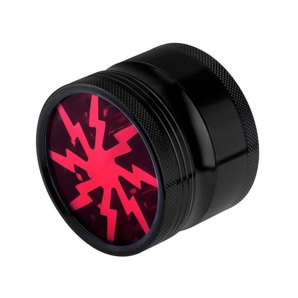 Grinder Pollinator Window - Blixt - Urte-, krydderi- og tobakskværn i aluminium - 60 mm diameter - 4 dele - Sort og rød - Gaveidé