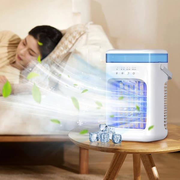 Mini mobil klimaanlegg uten evakuering, luftkjøler, multifunksjonell vifte 3 moduser 2 dimmetimer 2/4H LED