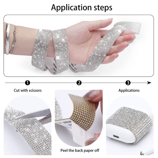 3 ruller selvklebende krystall-strass diamantbånd 2 mm strass bling sølv