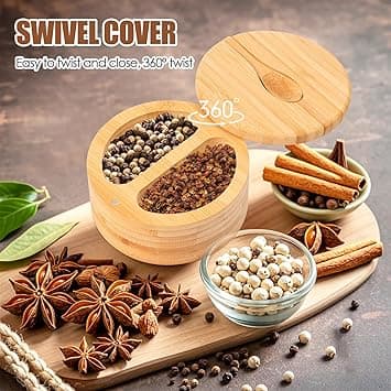 Bamboo Salt Box, Salt Container with Magnetic Swivel Lid and Spoon, 2 Compartments