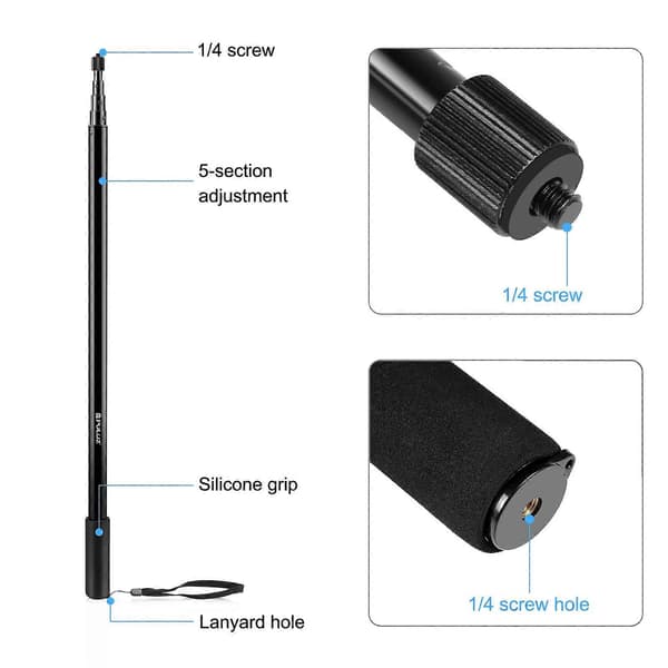 PULUZ 3m Metal Selfie Stick Monopod til Insta360 One RS / X2 / X3 / X4 (Sort)