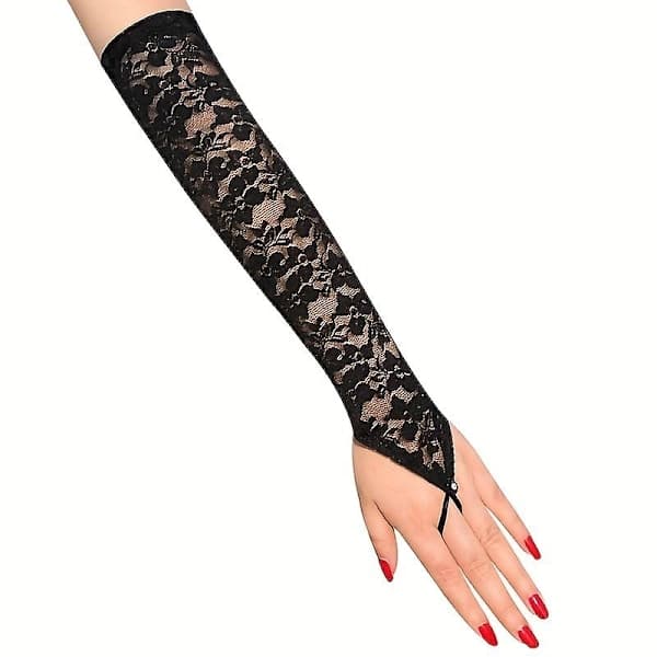 Blondehandsker 1 par blomstrede blonde- og tylnet-fingerløse handsker til kvinder, hvide