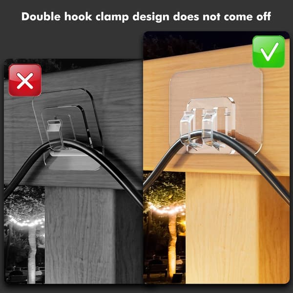 100 Hooks for Outdoor Lighting - Adhesive Strips - No Damage, No Tools, No Holes, Waterproof