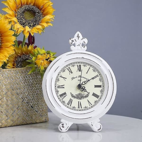 Vintage Table Clock Wood Small White Desk Clock Silent Non-Ticking