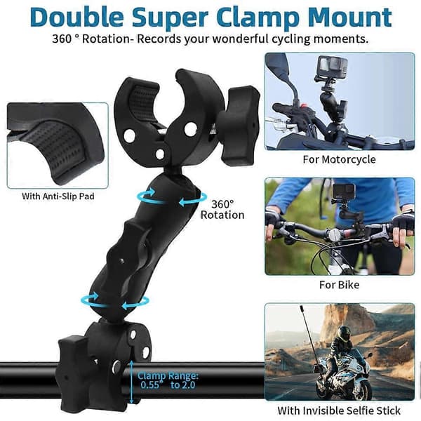 Motorcykelbeslag dobbeltklemme til Insta360 X5 X4 X3 X2 X RS, DJI, GoPro