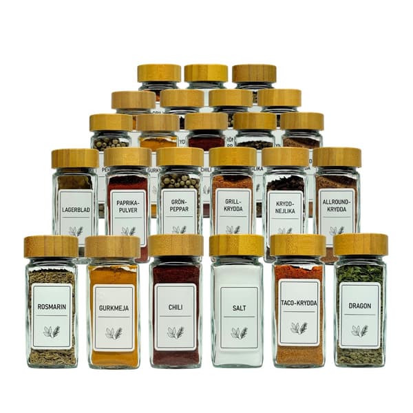 24-Pack Spice Jars with Bamboo Lids – Spice Set with Swedish Labels 3600