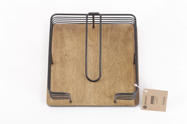 MODERN KITCHEN Servietholder i sort metal og gummitræ 19x19x7 cm