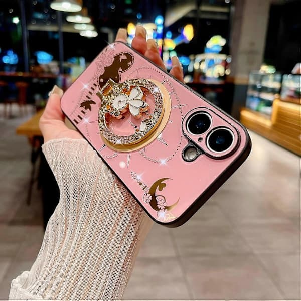 Magnetisk deksel med stativ for iPhone 16 TPU+PC Rhinestone-dekorert mobilskall - Hvit