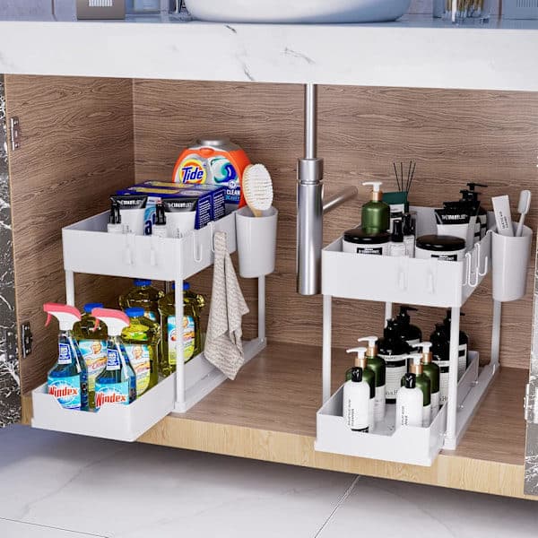 1-pack Kitchen Storage Under Sink, 2-Tier Under Sink Shelf with Pull-Out Drawer, Versatile Bathroom Storage Under Sink for Cou White White 1