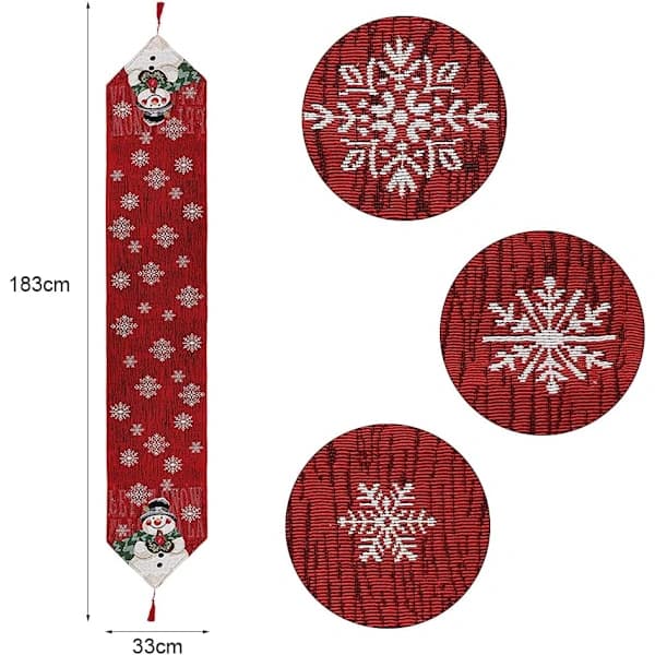 33*183cm Christmas Table Runner Red Cozy Christmas Decoration Embroidered Snowman Snowflake Pattern Dining Table Decoration