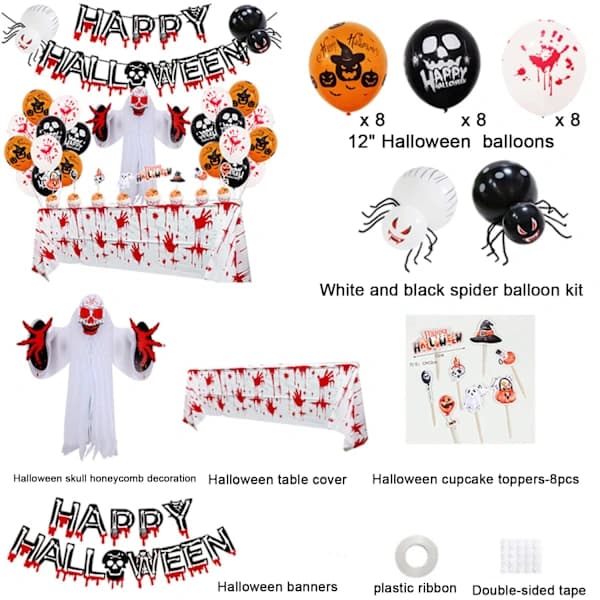 Halloween Dekorationssæt - Sorte orange balloner og Happy Hallo