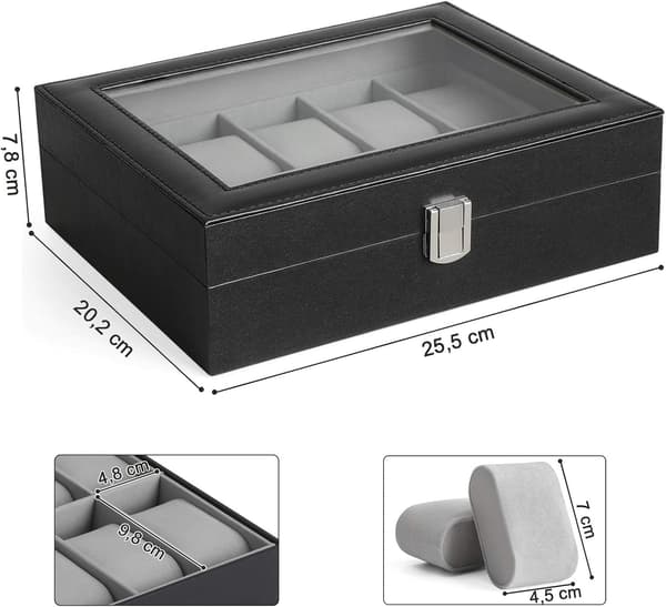 Kellonvetolaite 10 kellolle, kellolaatikko lasikannella, irrotettavat kellonpidikkeet, samettivuori, metallisolki, musta viimeistely E E