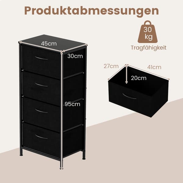 Kommode med 4 skuffer, træplade, metalramme, sort
