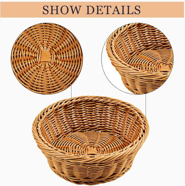 Woven Basket, 3 pcs Poly-Wicker Bread Storage Baskets for Food Fruit Vegetables, Shallow Store Supermarket Display Serving Restaurant Home Kitchen