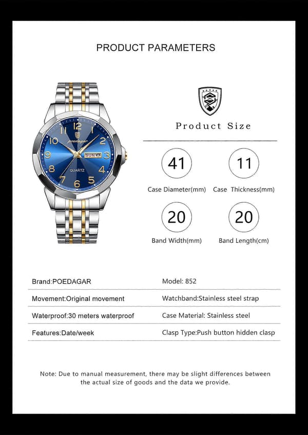 Herreur Quartz Sport Vandtæt Dato Ugedag Rustfrit Stål 41mm