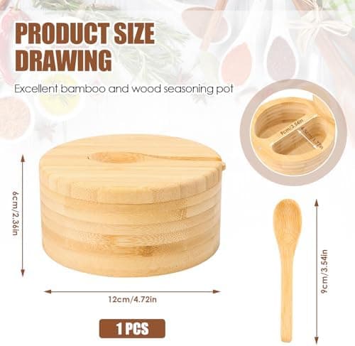 Bamboo Salt Box, Salt Container with Magnetic Swivel Lid and Spoon, 2 Compartments