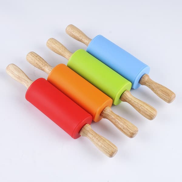 Anti-Rolling Rolling Pin (Red) - Non-Stick Silicone Coated Surface Wood H