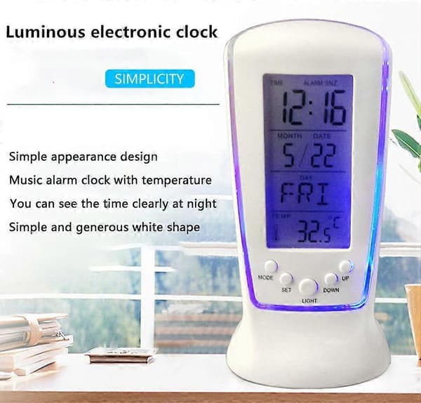 Multifunktionell LED Digital Väckarklocka med Blå Bakgrundsbelysning, Vit, 12,5 x 6,5 cm