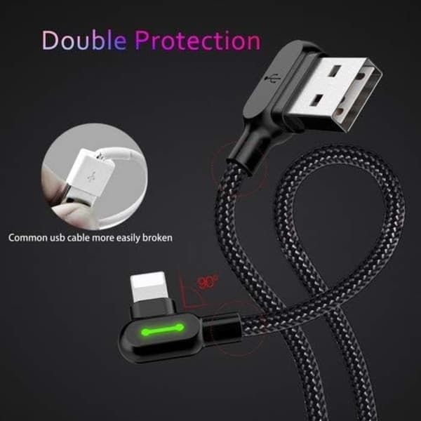 Vinkelret USB-kabel med LED-lys, 90 graders nylonladekabel, reversibel USB-hurtiglader, datasync-ladeadapter, fungerer med iPhone