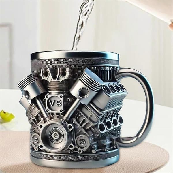 Personalized Stainless Steel Mug with Engine Theme, Creative 3D Car Engine V8