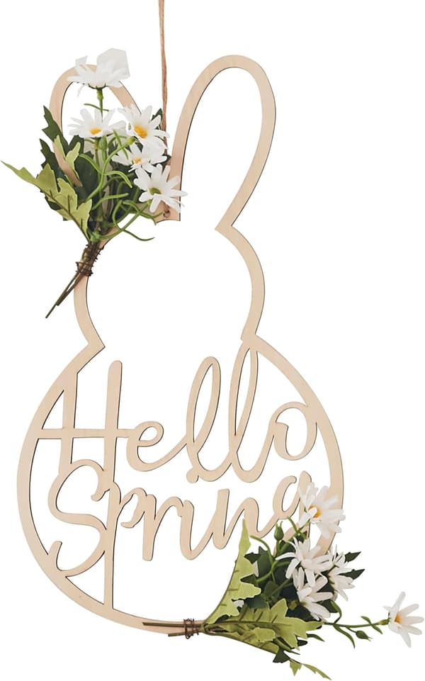 Wooden Easter Wreath with Rabbit, Door Decoration, Daisy Crazy, 36 cm (H) x 20 cm (W)
