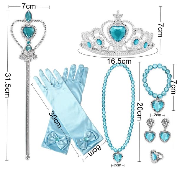 7-pack Prinsessutklädningsaccessoarer Presentförpackning, Vacker Krona, Scepter, Halsband, Handskar, Presenter till Flickor Blå