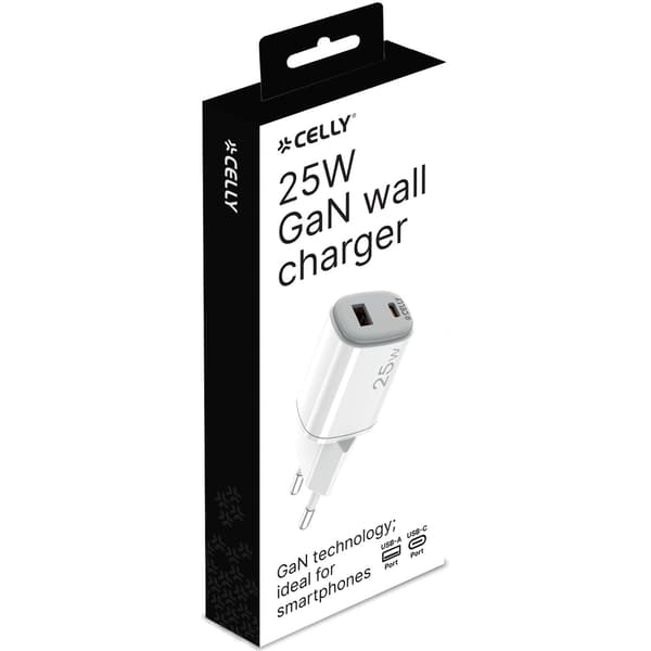 Celly USB-lader GaN 25W 1x USB-A + 1x USB-C PD Hvit Vit
