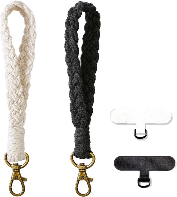 2 Woven Keychain Bracelets with Black White Patch Boho Lanyard Anti-loss Phone Strap