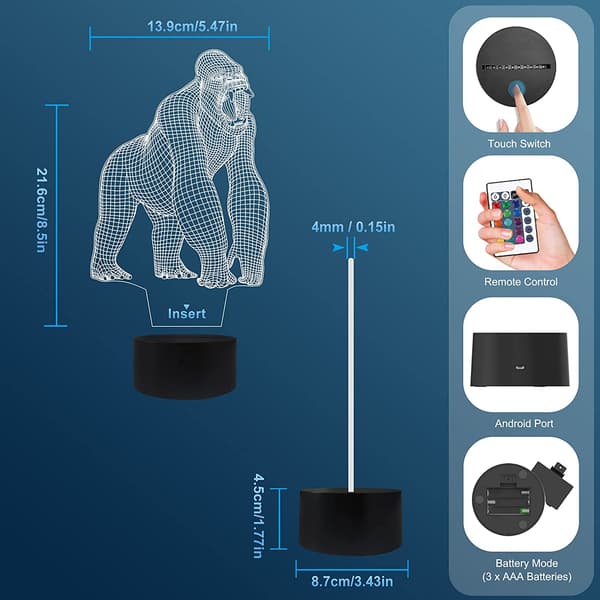 Gorilla 3D-illusjonslampe LED-nattlys 16 farger med fjernkontroll for barnerom