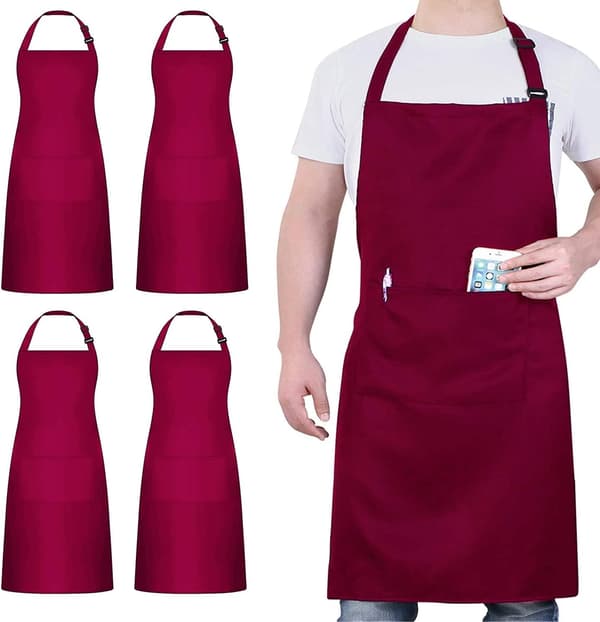 Set med 4 kockförkläden, svart vattentätt förkläde med 2 fickor, justerbart köksförkläde, matlagning Vino