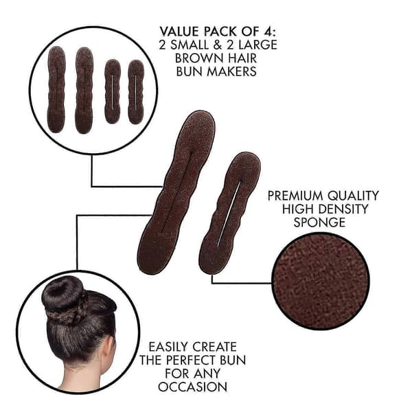 Magic Hair Bun Maker 4-pack (2 Small, 2 Large) Foam Sponge Bun Shaper Accessories Strong Flexible Reusable