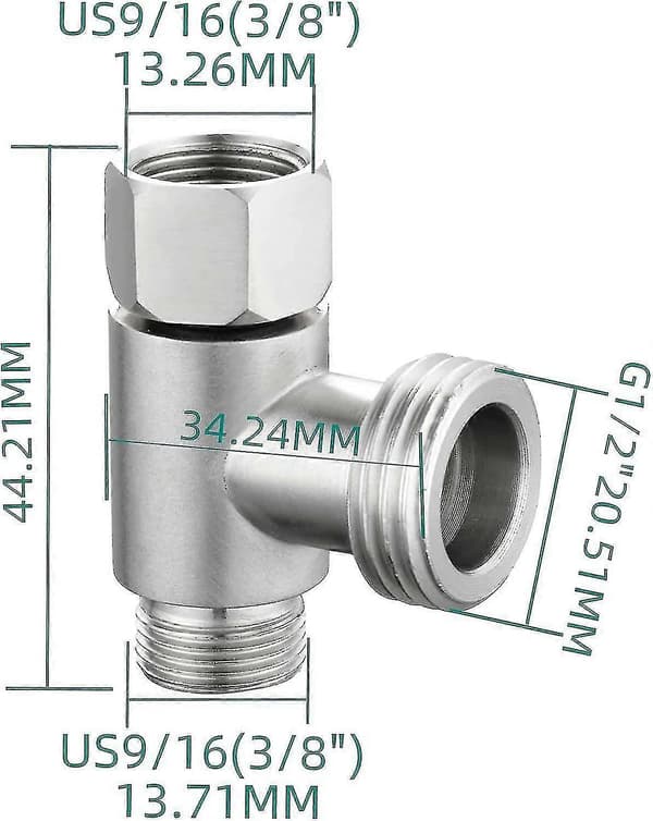 3-vejs 3/8\" og 1/2\" Adapter T-kobling - Rustfrit Stål Rør T-forbindelse, Børstet Nikkel