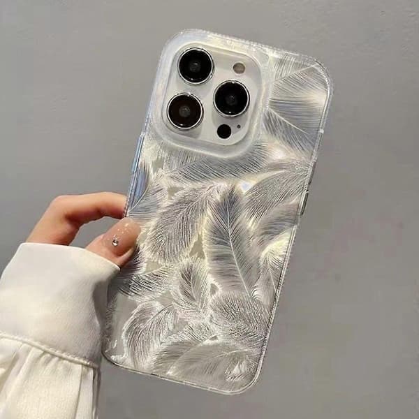 For iPhone 13 Pro Case Silver Feather Pattern Laser-Processed Shockproof PC Phone Case