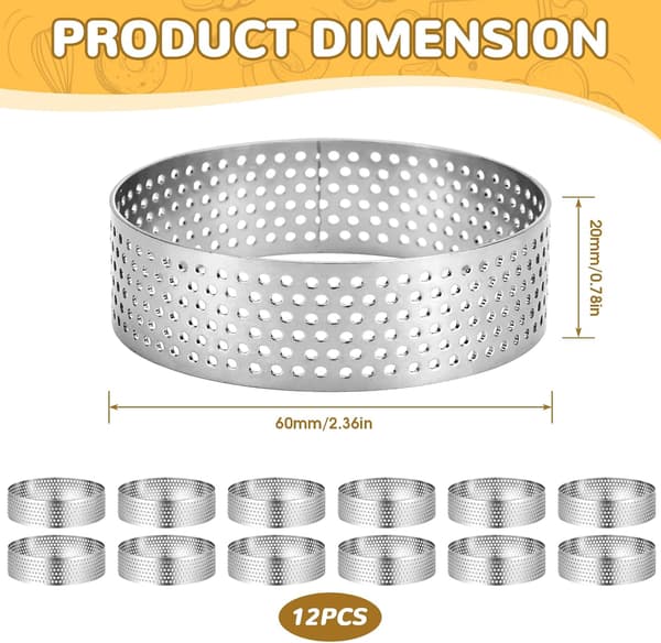 12 Mousse Ringe 6 cm - Rustfri stålforme med huller - Til dessertkage og minipizza - Perforerede bageforme til mousse og bagværk