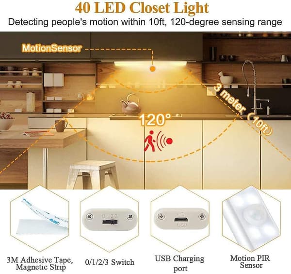 40 LED-lys for garderobe, bevegelsessensor, USB-oppladbar, 4 moduser, 30 cm varmt lys