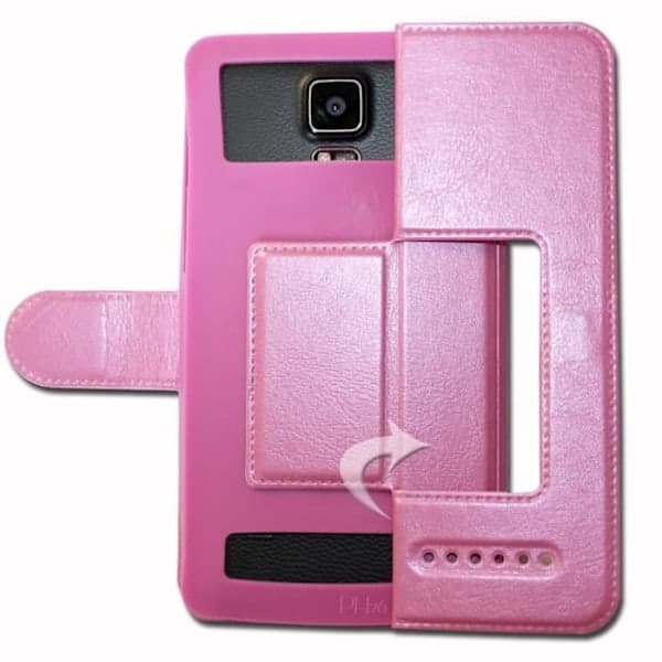 Archos Access 57 Extra Slim Pink Folio Case X 2 Windows in Organic Quality Leather with Magnetic Closure and Stitching