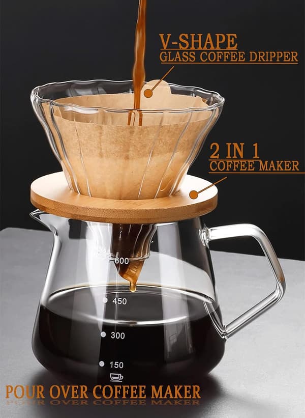 Pour Over Kaffebrygger - 20 OZ / 600ML Glaskande Kaffeserver med Glas Kaffetragt/Filter, Kaffebryggersæt 600ml