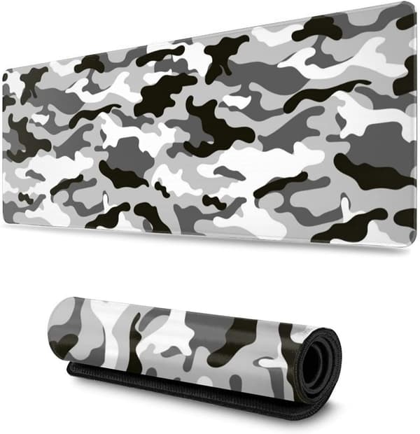 Svart, grå og hvit spillmusematte, stor, camo grå, lang, utvidet, skrivebordsmatte, kamuflasje, stor musematte for hjemmet