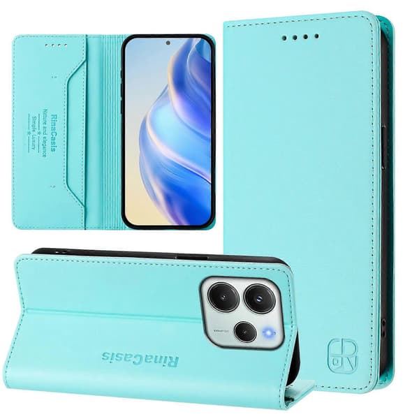 Läderplånboksfodral med stativ för Xiaomi Redmi Note 14 4G (164.84mm) (Mintgrön)