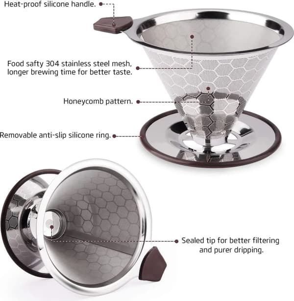 Kaffefilter i rustfrit stål, papirløst kaffefilter til manuel kaffebrygning, genanvendelig kaffedrypper