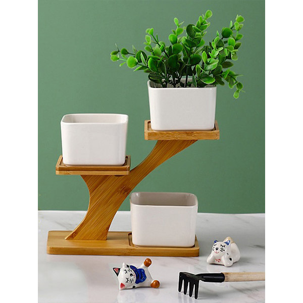 (1 pakke) Flerlags bordstander til små blomster 19,5x9,5x14cm, lavet af bambustræ 12