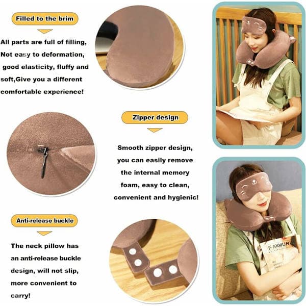 Adjustable Memory Foam Travel Pillow with Eye Mask for Travel, Airplane Neck Support (Light Brown)