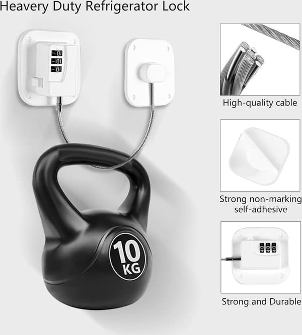 White 2-Piece Refrigerator Lock with Code - Refrigerator Padlock for Children - Self-Adhesive Combination Refrigerator Lock - Baby Lock - Child Lock