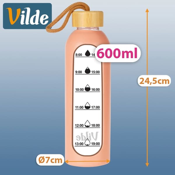 Glasvandflaske med bambuslåg, silikonehylster, 600 ml