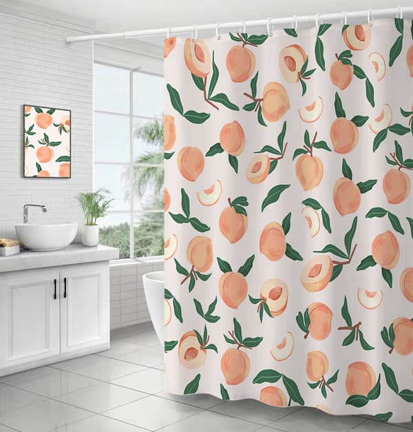Peach Pattern Shower Curtain with Hooks, Waterproof and Washable