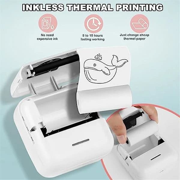 Mini termisk printer blækfri Bluetooth fotoprinter med 5 papirruller til børn, dagbog, studier, rejser, hvid